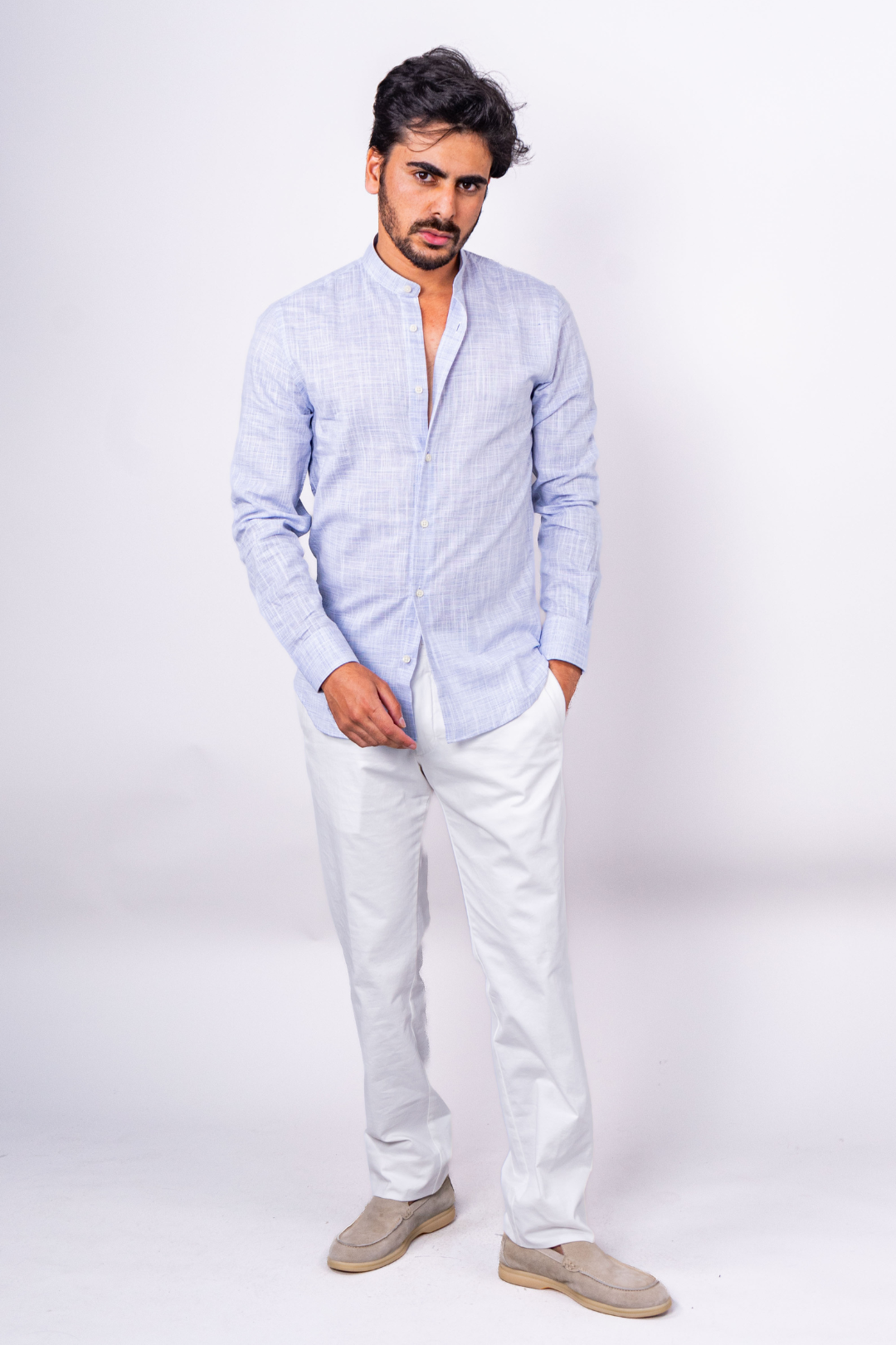 Chemise Bleu Ciel Col Mao