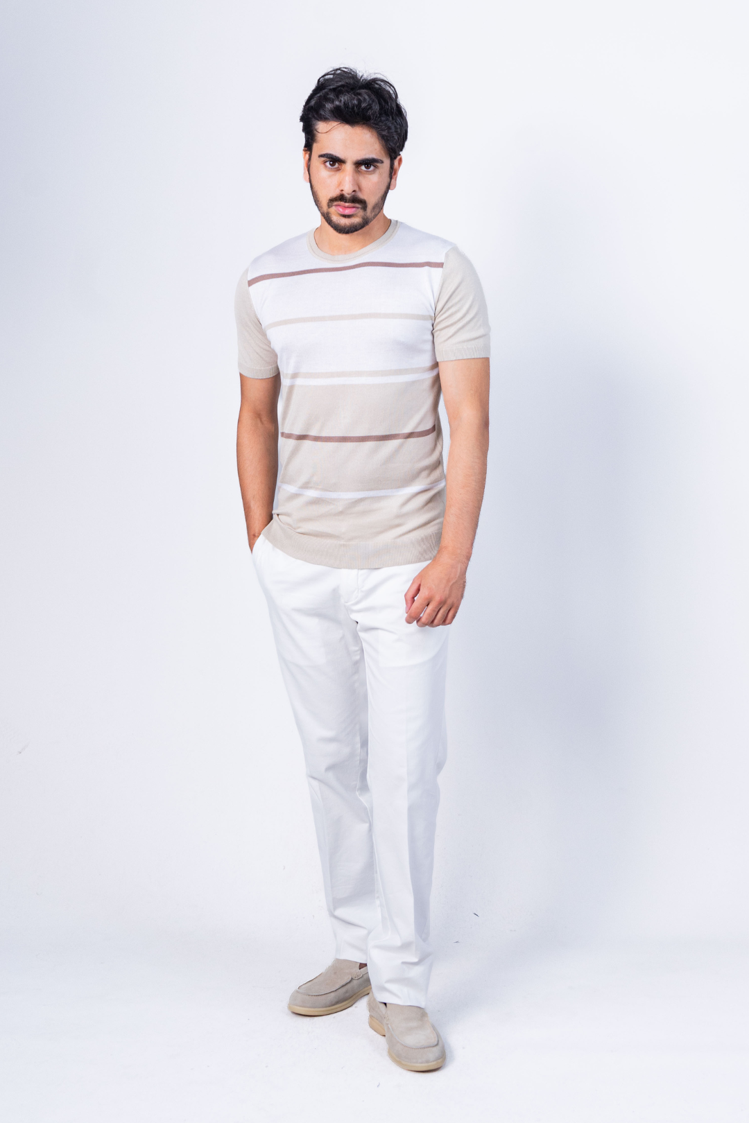 T-shirt Beige Rayé