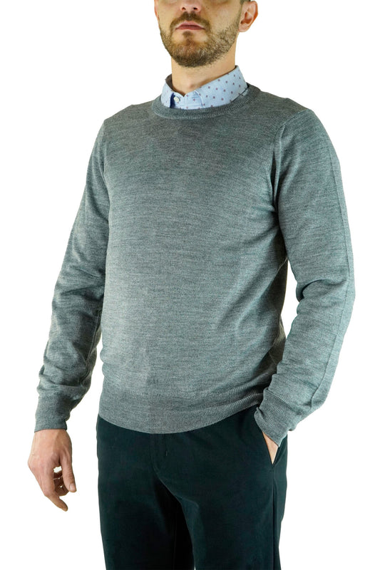 Pull col rond gris 100% Laine